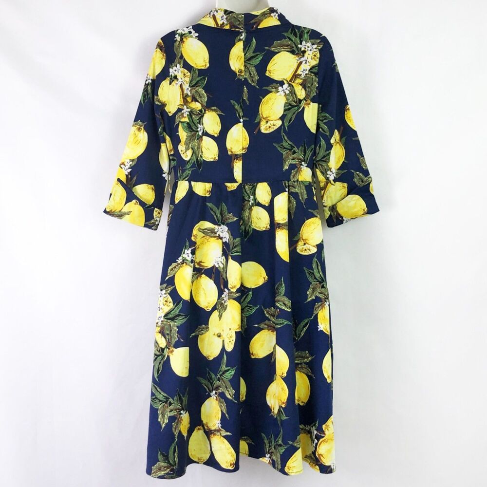 NWOT SUCREFAS Lemon Floral Navy Dress (M) Blue Retro Swing Fit & Flare - Picture 3 of 13